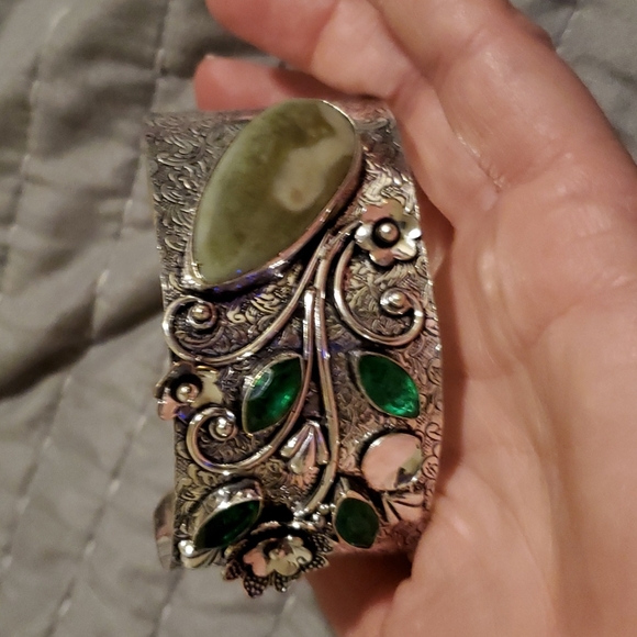 New Unique Jasper and Green Quartz Adjustable Cuff 925 Silver Bracelet. - Picture 5 of 9